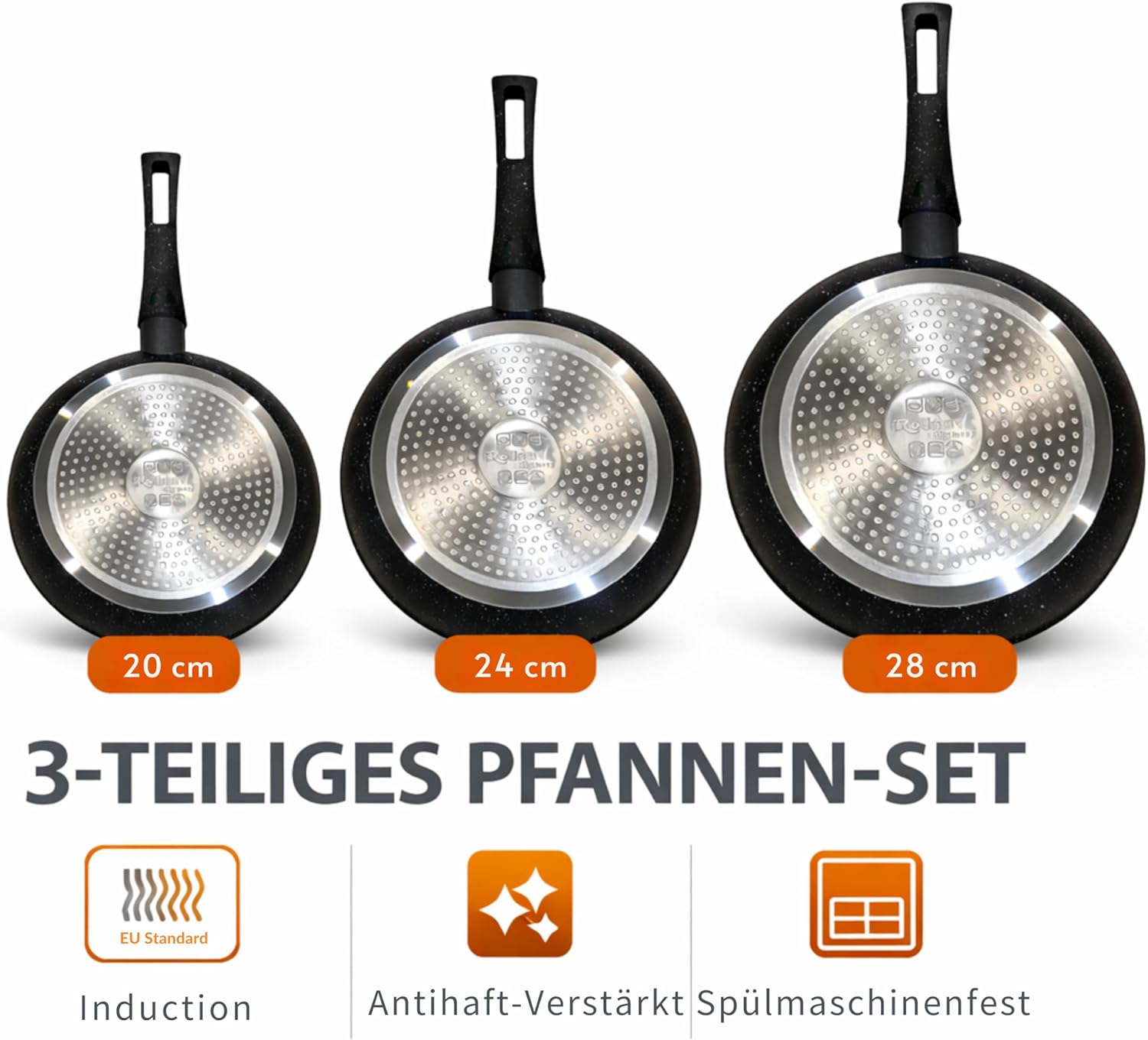 Roland 3-teiliges Pfannenset – Induktionsgeeignet, Granit-Antihaftbeschichtung, 20/24/28 cm