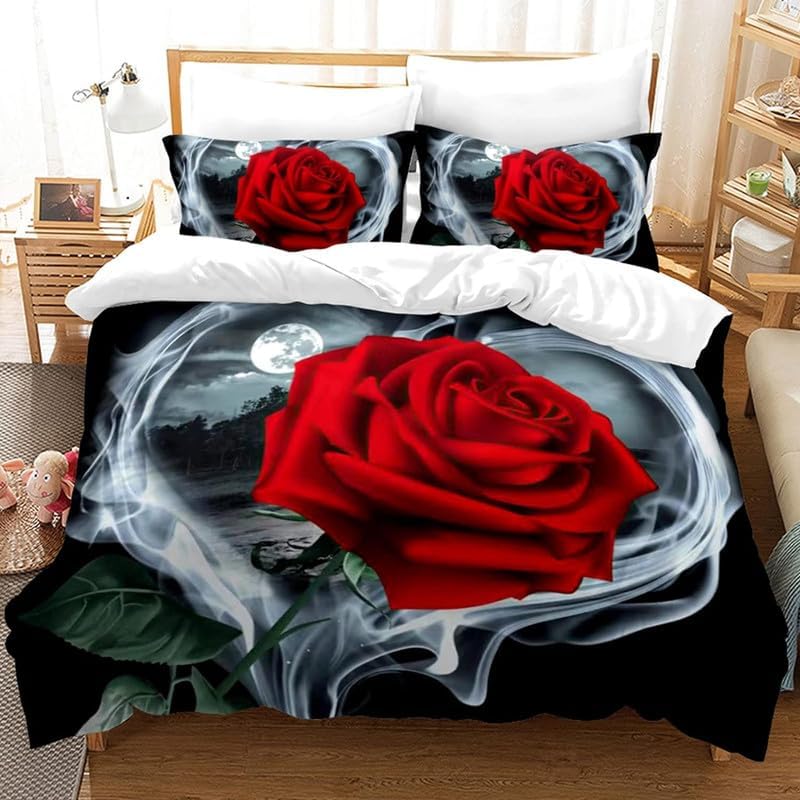 Roland Germany Bettwäsche Set 160x200 cm – Rote Rose 3D Design mit 2 Kissenbezügen 50x70 cm – Weiche Mikrofaser Bettgarnitur Ezmann