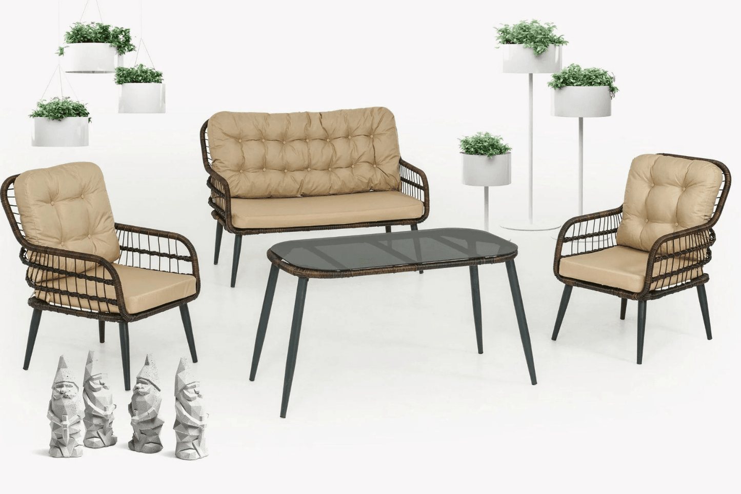 Capri Swing Gartenlounge-Set Rattan Lounge Gartenmöbel Set 4 Personen Bistroset mit Stühle & Bank - Ezmann.de