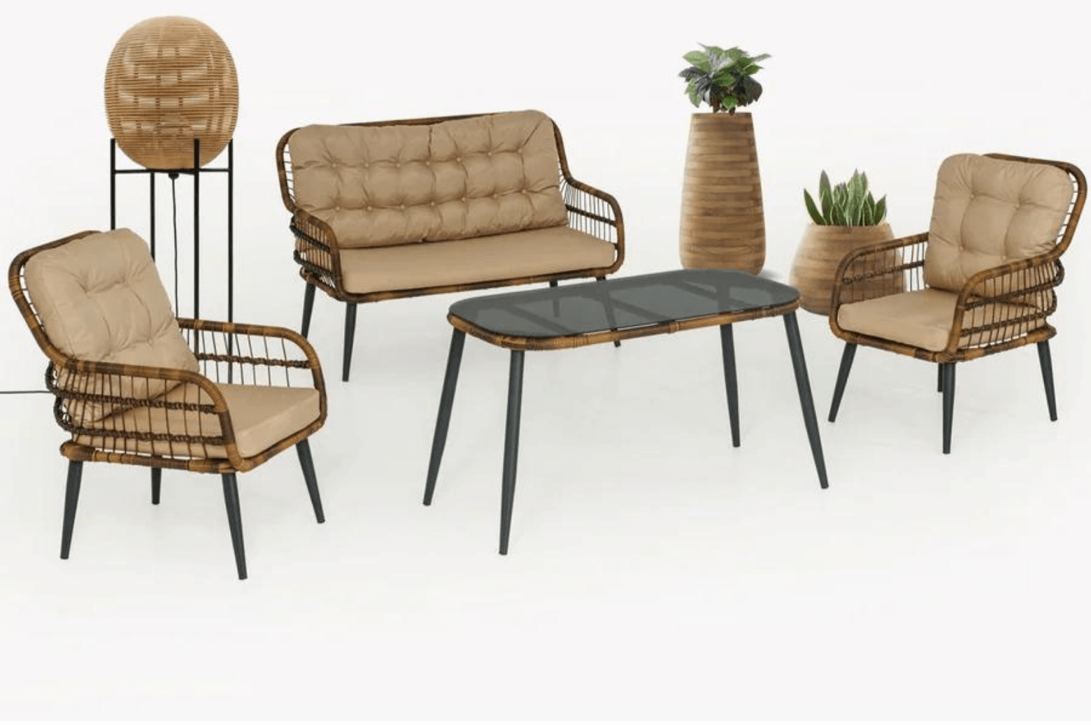 Capri Swing Gartenlounge-Set Rattan Lounge Gartenmöbel Set 4 Personen Bistroset mit Stühle & Bank - Ezmann.de