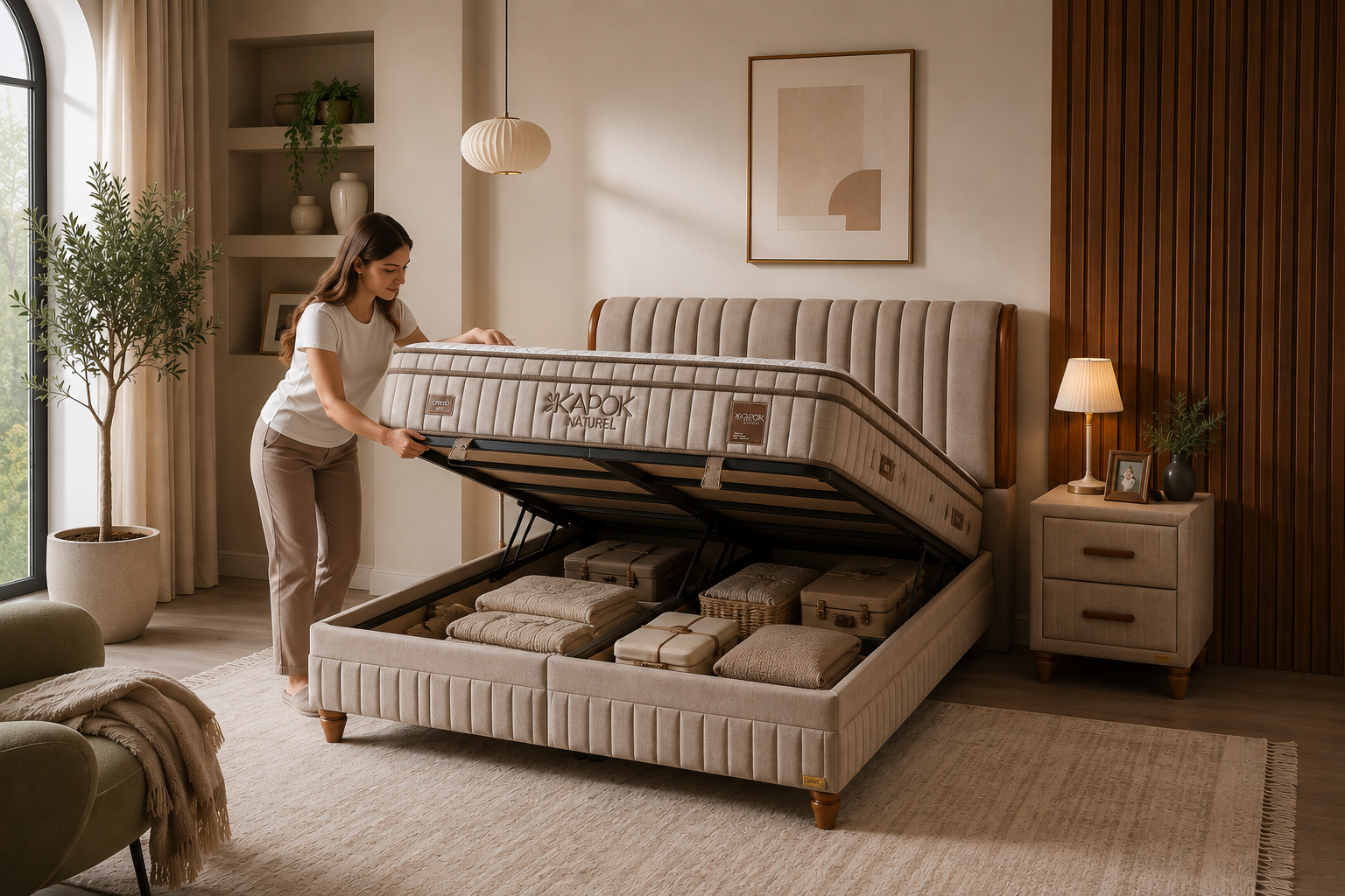 Bambi Bett Kapok Naturel Boxspringbett -Funktionsbett mit Bettkasten Bambi