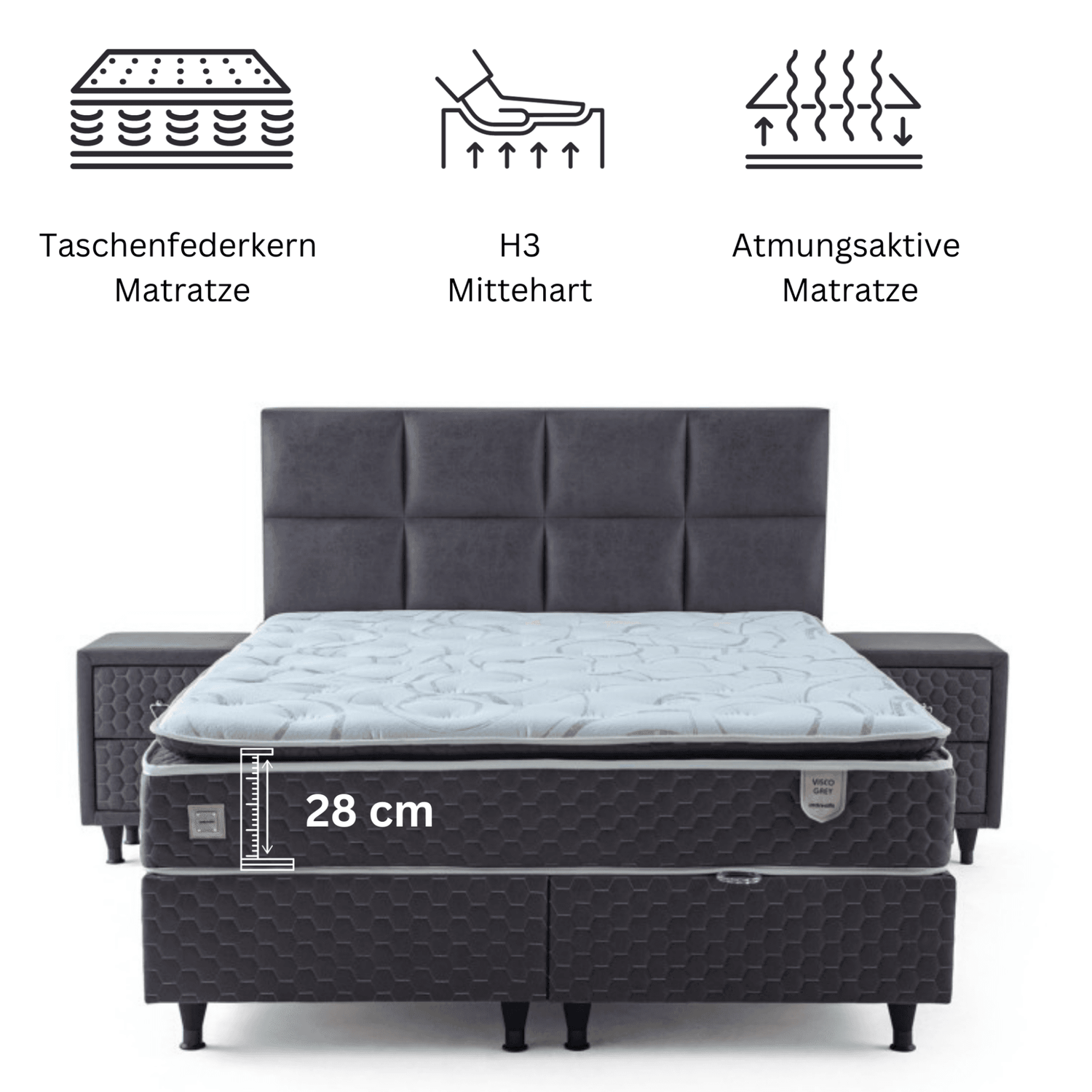 Moln Visco Grey Boxspringbett Set mit Matratze und Bettkästen, Schlafzimmer Set - Ezmann.de