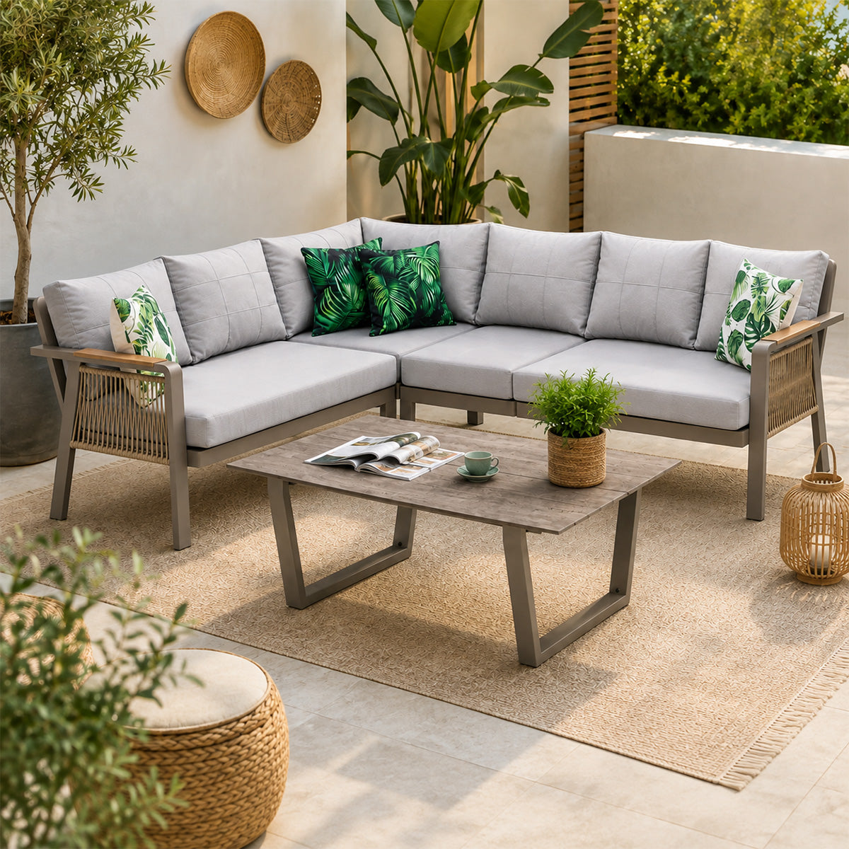Terazzi Artemis Plus Gartenlounge-Set mit grauem Ecksofa und Tisch im begrünten Außenbereich