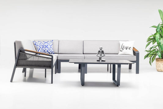 Gowoll Mykonos Plus Tisch Gartenlounge-Set Premium Ecklounge mit Wetterfest (Sitz und Rückenkissen, Tisch mit 2x3 Sitzer und 2xStuhl) - Ezmann.de