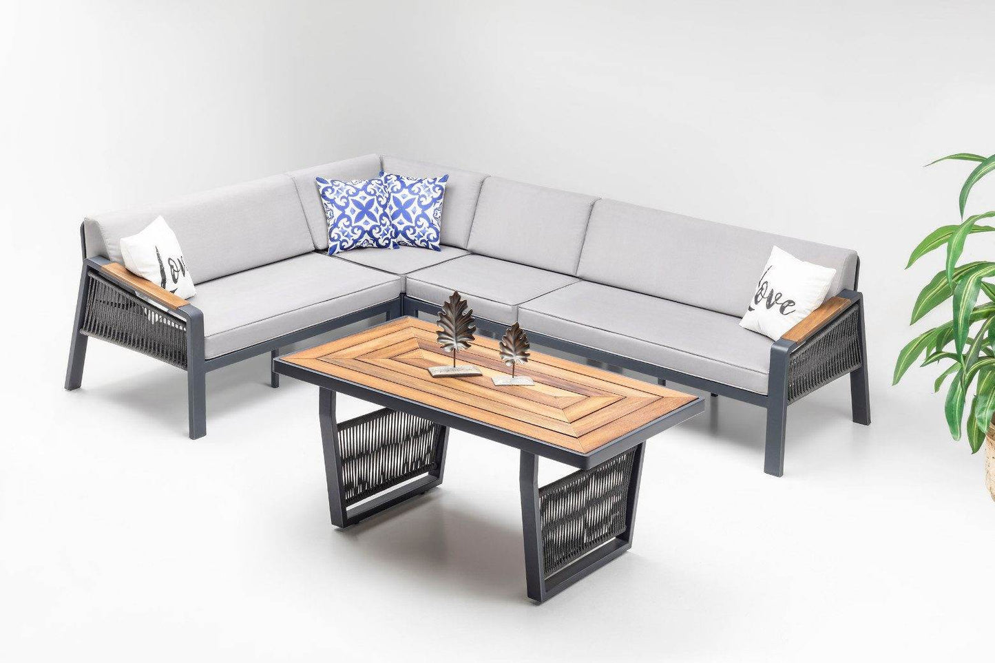 Gowoll Mykonos Plus Tisch Gartenlounge-Set Premium Ecklounge mit Wetterfest (Sitz und Rückenkissen, Tisch mit 2x3 Sitzer und 2xStuhl) - Ezmann.de