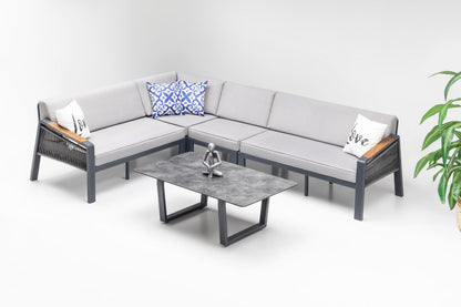 Gowoll Mykonos Plus Tisch  Gartenlounge-Set Premium Ecklounge mit Wetterfest (Sitz und Rückenkissen, Tisch mit 2x3 Sitzer und 2xStuhl)