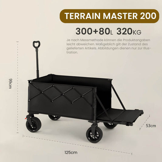 Terrain Master 200 Bollerwagen mit 380 Liter Ladevolumen, 320 kg Tragkraft und Maßangaben