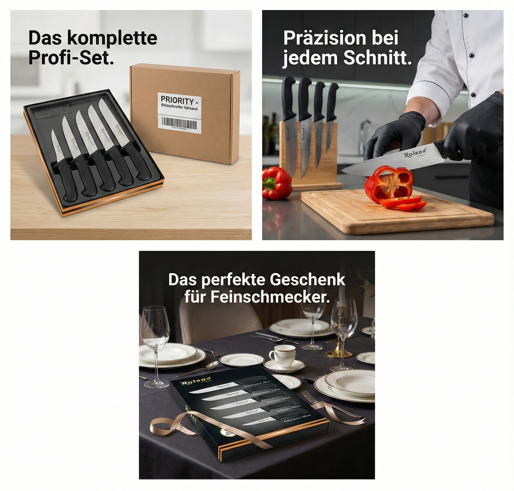 Roland Germany 5-teiliges Edelstahl Küchenmesser-Set – Schwarz, Profi Messer Set Roland Germany