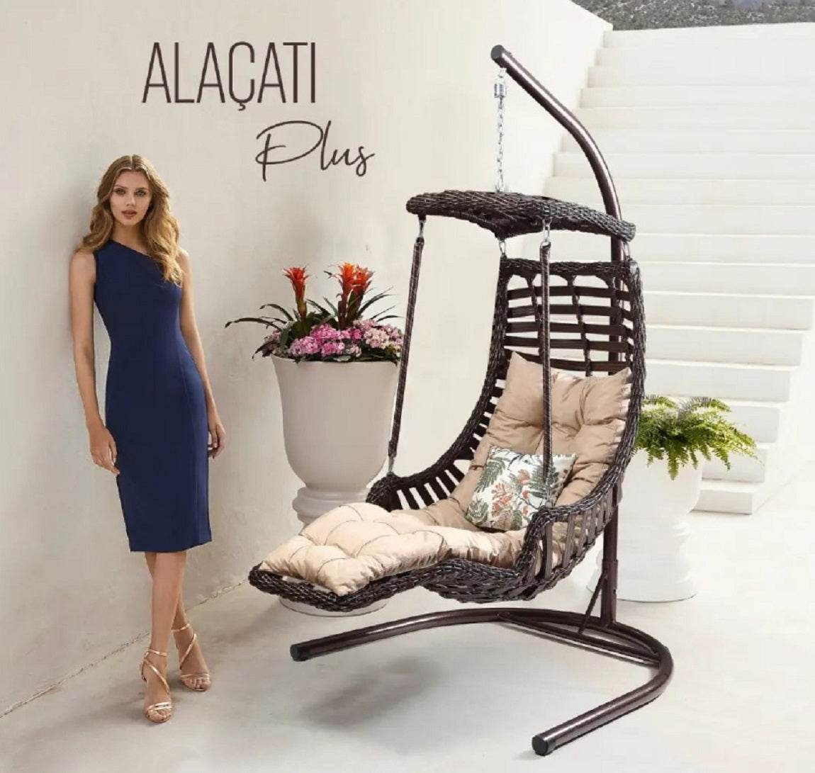 Capri Swing Gartenschaukel Rattan Hängesessel mit Gestell Hängeschaukel Alacati Plus - Ezmann.de